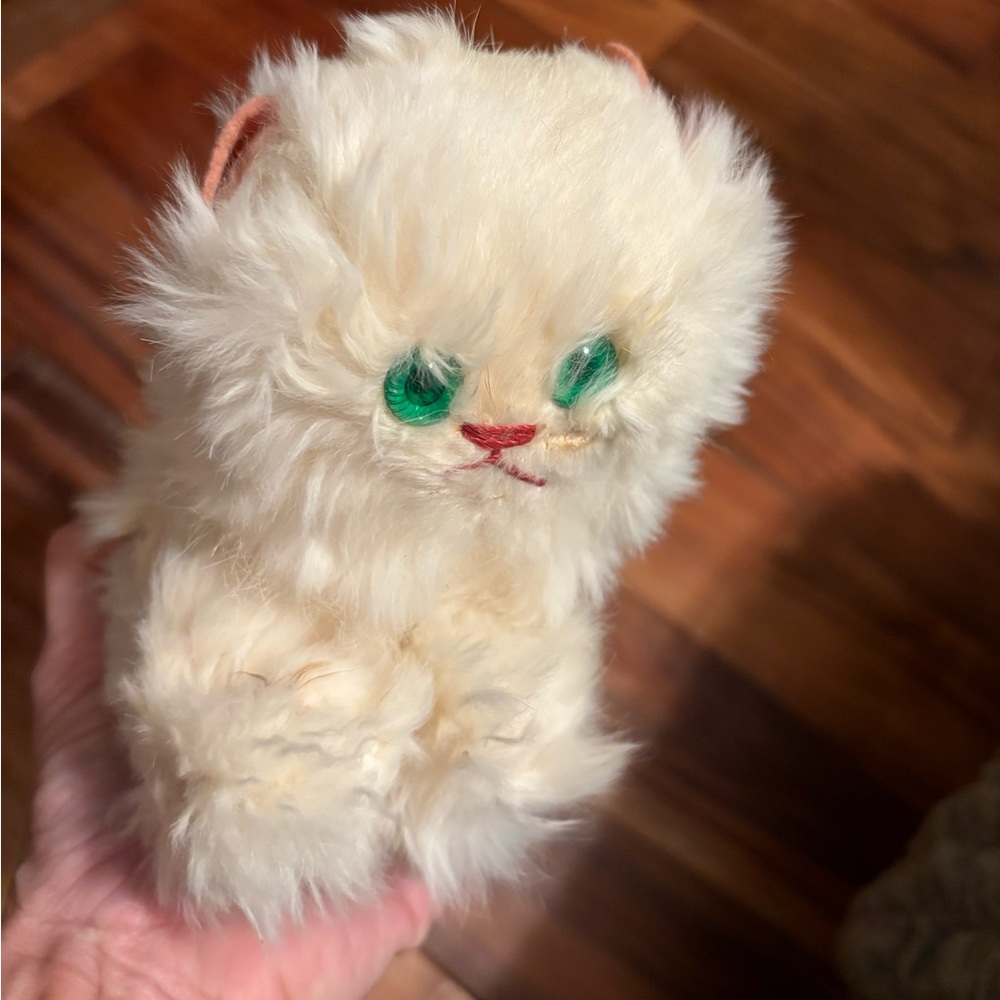 Vintage‎ Plush Kitty Stuffed Animal Real Rabbit Fur Green Eyes (0746)